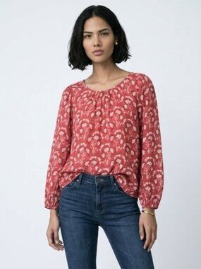 LC Lauren Conrad Raspberry Red Floral Tie-Neck Peasant Blouse